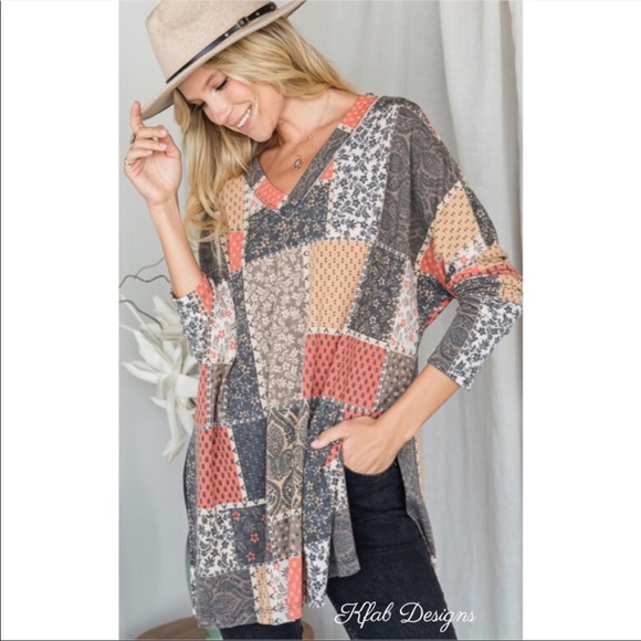 LAST 2! V Neck Patchwork Relaxed Fit Side Slit Detail Top! - Picture 3 of 8